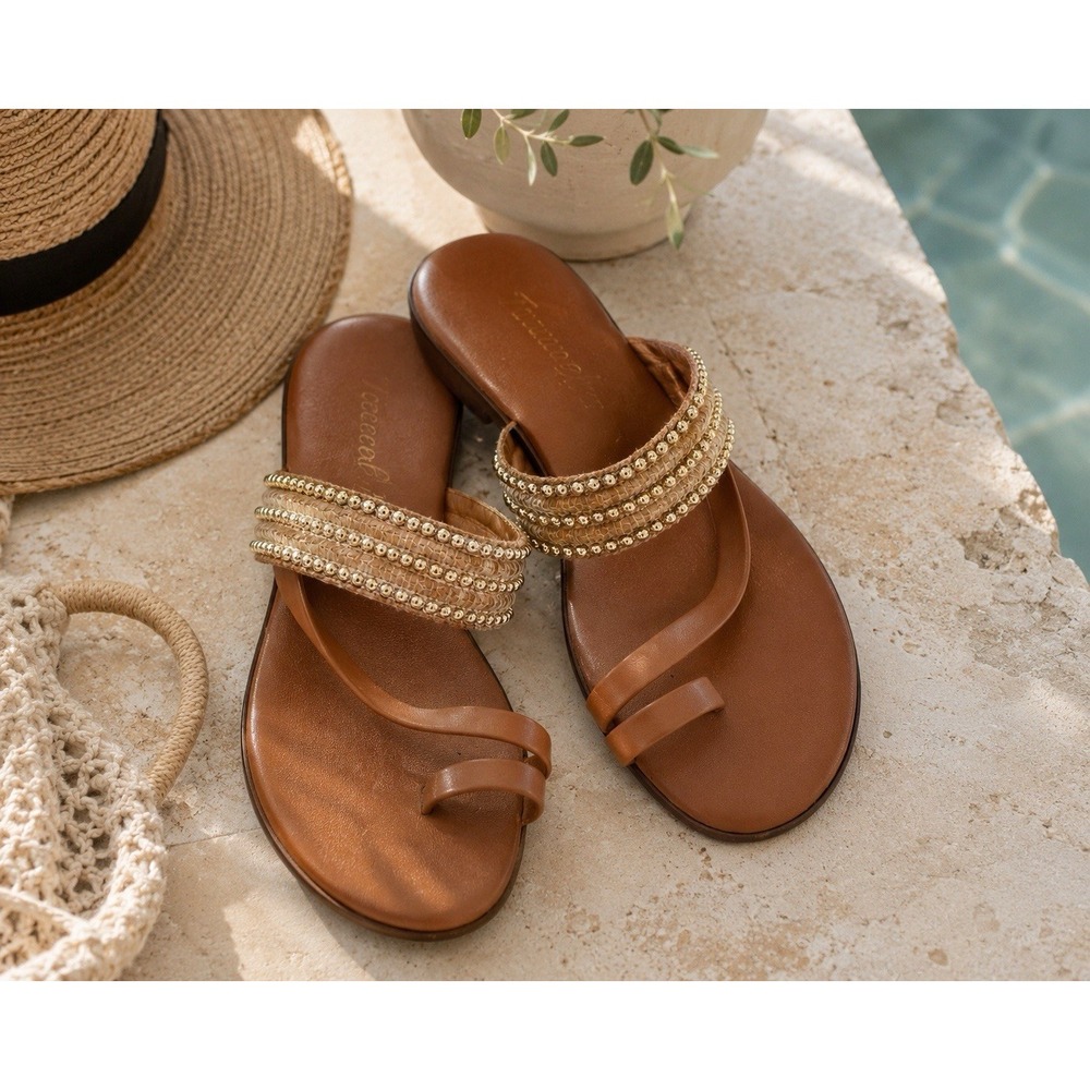 Beaded Brown Leather Toe-Ring Sandals with Gold Accents